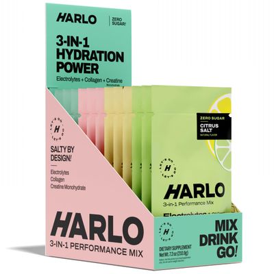 Harlo - Variety 12-Pack Electrolyte Mix with Added Bovine Collagen Creatine - Creatine Monohydrate Powder, Energy Drink Powder, Sugar Free Energy Drinks - Citrus, Pineapple, Raspberry, Watermelon
