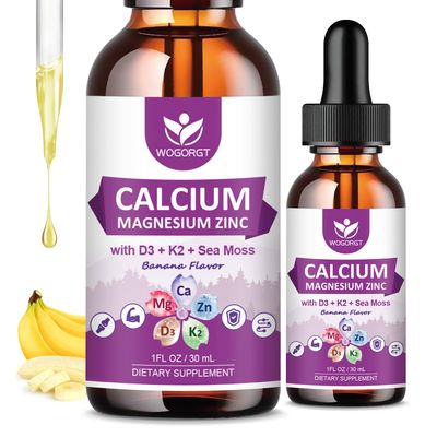 Calcium Magnesium Zinc Liquid Drops with Vitamin D3 K2, Sea Moss Extract, High Absorption Calcium Citrate Liquid Supplement for Bone, Muscles, Immune Sleep Support, Banana Flavor - 1 Fl Oz (2 Pack)
