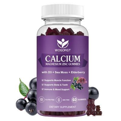 WOGORGT Calcium Magnesium Zinc Gummies with Vitamin D3 - High Absorption Complex Calcium Supplement with Sea Moss, Elderberry for Bone, Muscles, Immune, Mood Sleep Support, Vegan - 60 Gummies