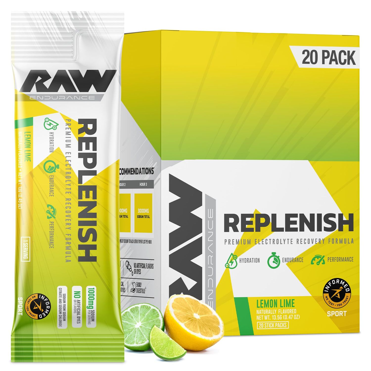 RAW Replenish Box, Premium Electrolytes Powder Recovery Formula, Lemon Lime (20 Sticks) - Flavored Electrolyte Drink Mix Supplement for Hydration, Replenishment, Endurance Performance