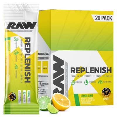 RAW Replenish Box, Premium Electrolytes Powder Recovery Formula, Lemon Lime (20 Sticks) - Flavored Electrolyte Drink Mix Supplement for Hydration, Replenishment, Endurance Performance