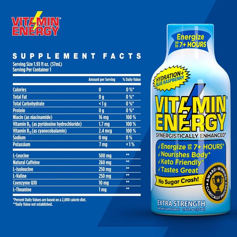 Vitamin Energy Hydration Energy Shot - Blue Raspberry - Electrolytes, BCAAs 260mg Plant-Based Caffeine - Zero Calories, Sugar-Free, Vegan - Hydration Performance Support - 1.93 fl oz, 12-Pack
