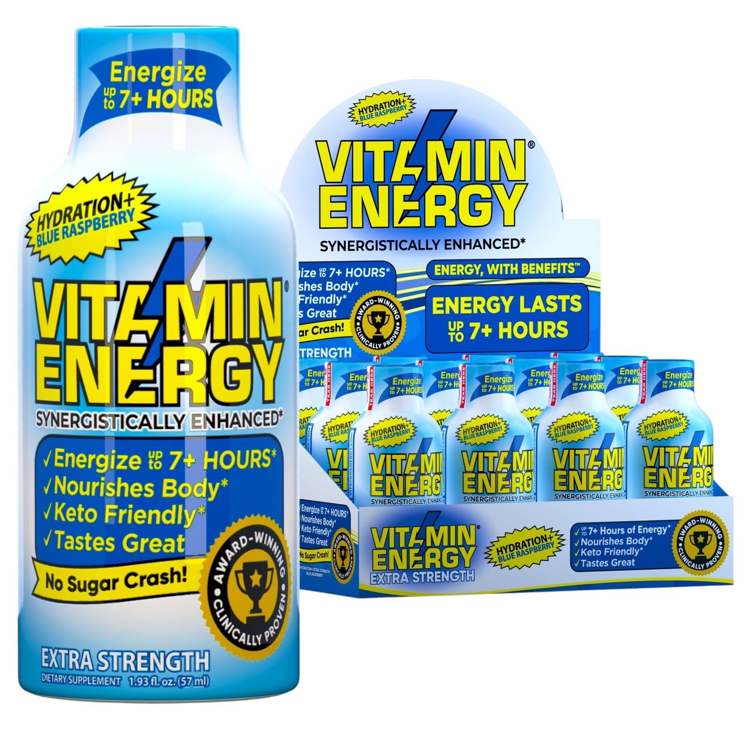 Vitamin Energy Hydration Energy Shot - Blue Raspberry - Electrolytes, BCAAs 260mg Plant-Based Caffeine - Zero Calories, Sugar-Free, Vegan - Hydration Performance Support - 1.93 fl oz, 12-Pack