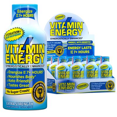 Vitamin Energy Hydration Energy Shot - Blue Raspberry - Electrolytes, BCAAs 260mg Plant-Based Caffeine - Zero Calories, Sugar-Free, Vegan - Hydration Performance Support - 1.93 fl oz, 12-Pack