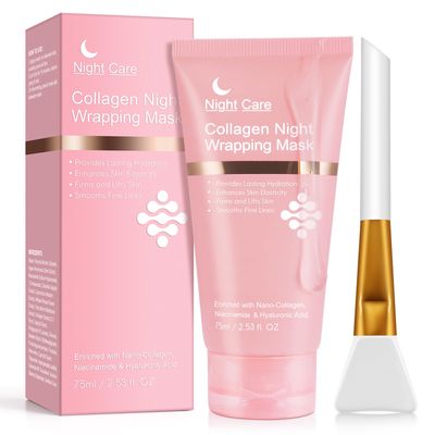 O.SECERT Collagen Overnight Wrapping Peel Off Facial Mask Pack - Collagen Night Wrapping Mask with Brush - Elasticity Hydration Care, Reduce Fine Lines Dullness, Anti-aging Skin Care 2.53 fl.oz