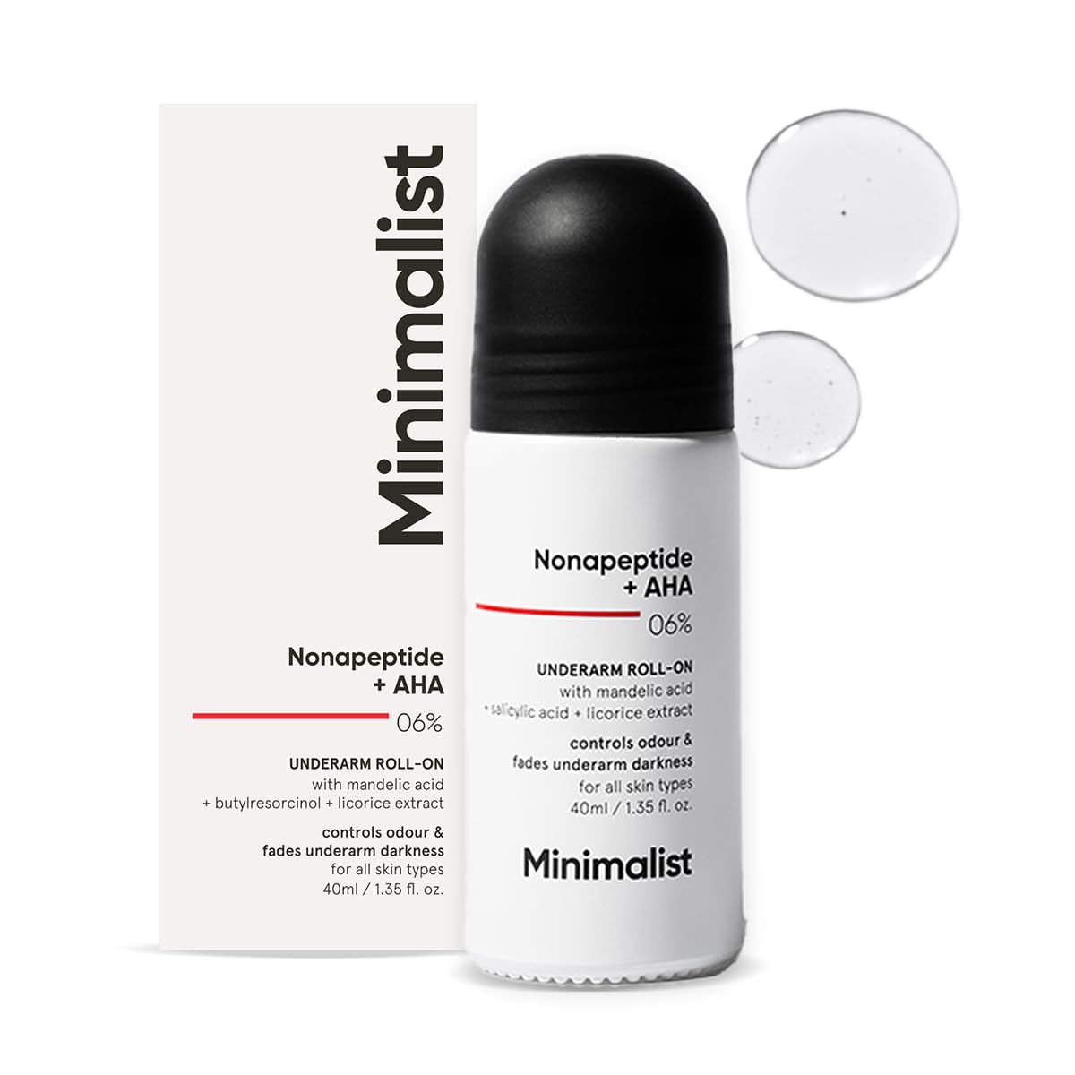 Minimalist Underarm Roll On Deodorant to Control Odour Fade Darkness With Nonapeptide AHA BHA 06 Fragrance Aluminium Free Exfoliating Deo For Women Men 1.35 Fl Oz 40 ml