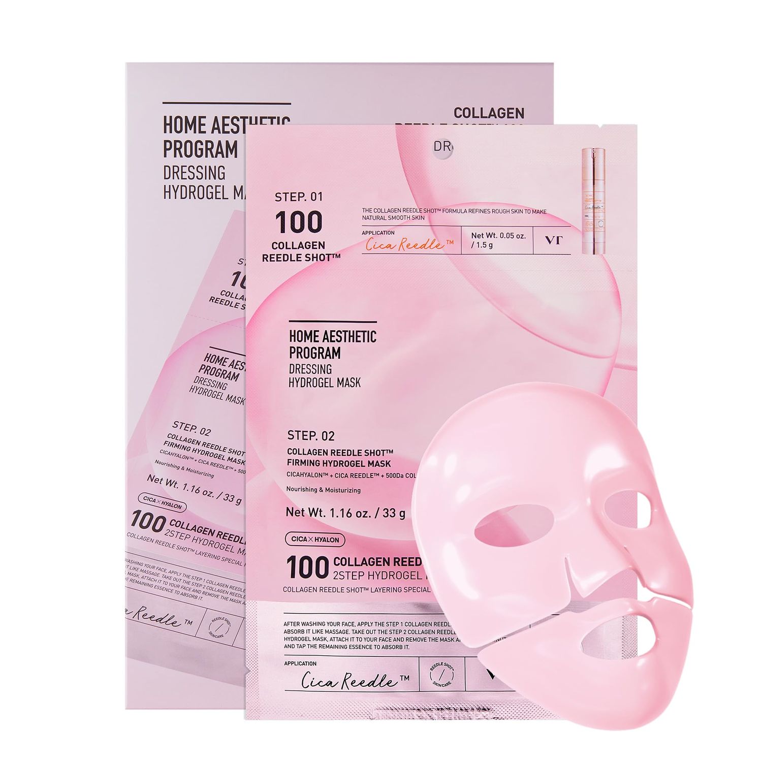 VT COSMETICS Collagen Reedle Shot 100 2-Step Hydrogel Mask(34.5gx4ea), Intensive Firming, Exosome 500Da Collagen, Fine Lines, Overnight Melting Mask, Korean Facial Mask, Pink Collagen