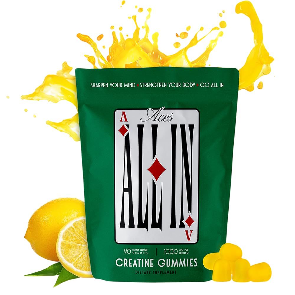 Aces ALL IN Creatine Monohydrate Gummies for Men Women - Enhance Strength, Muscle Mass, Recovery and Focus, Gluten-Free, Non-GMO, Vegan Creatine Gummies,1g per Gummy Lemon 90 ct