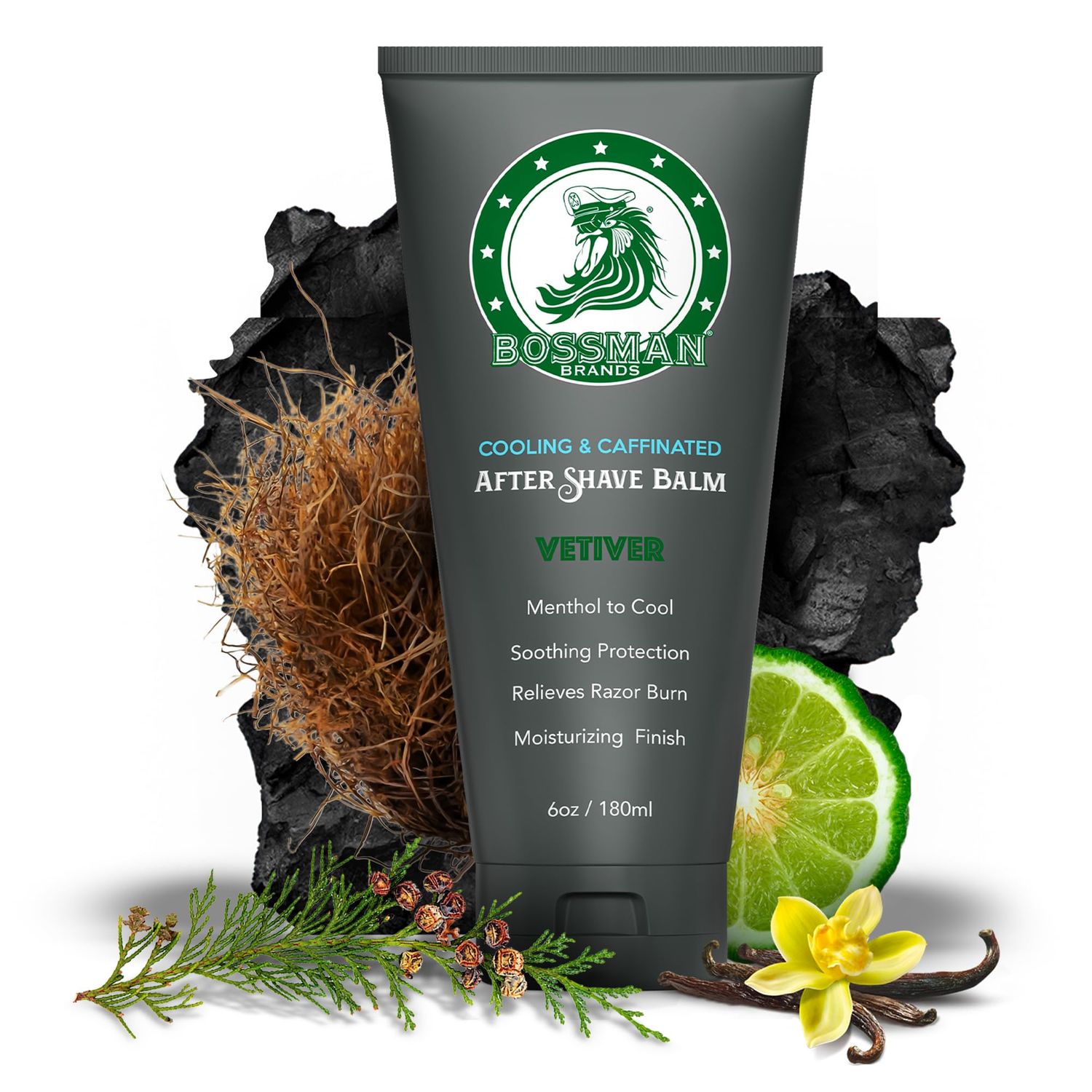 Bossman Cooling Caffeinated After Shave Balm for Men - Soothes Protects with Menthol, Caffeine Tea Tree - Vetiver X Scent