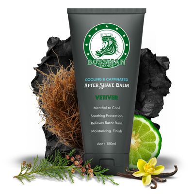 Bossman Cooling Caffeinated After Shave Balm for Men - Soothes Protects with Menthol, Caffeine Tea Tree - Vetiver X Scent