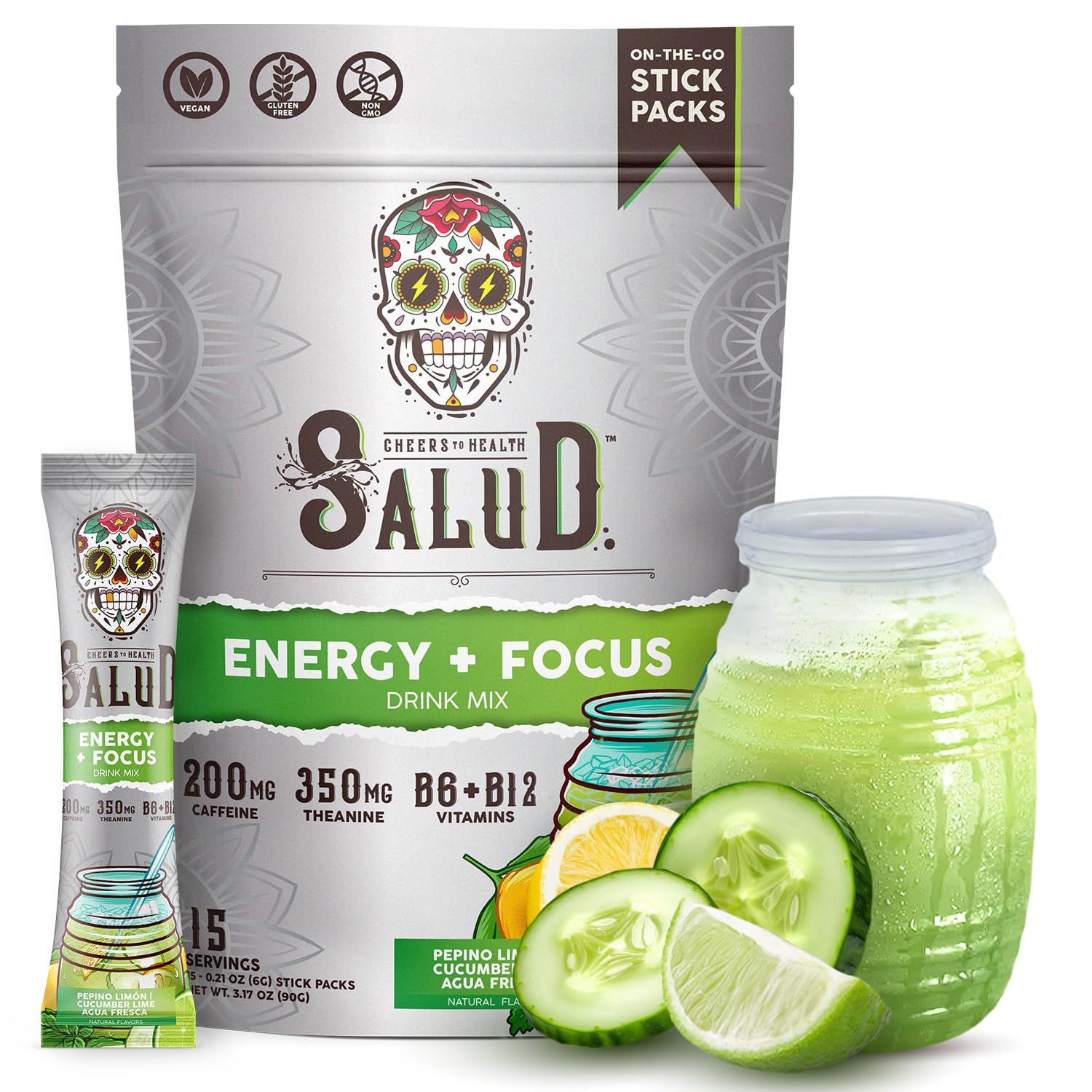 Salud 2-in-1 Energy Drink Powder Focus, Cucumber Lime, Organic Caffeine, B6 B12, Theanine, Clean Energy Drink Packets, Agua Fresca Mix, Non-GMO, Gluten Free, Vegan, 1g of Sugar, (15 Servings)