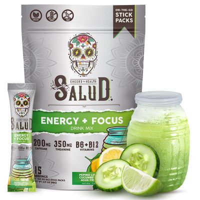 Salud 2-in-1 Energy Drink Powder Focus, Cucumber Lime, Organic Caffeine, B6 B12, Theanine, Clean Energy Drink Packets, Agua Fresca Mix, Non-GMO, Gluten Free, Vegan, 1g of Sugar, (15 Servings)