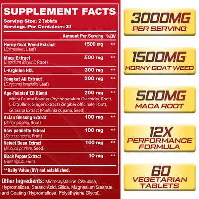 Fubkerm Hornygoatweed for Men, 12 in 1 Horny Goat Weed - with Maca Root, Tongkat Ali, Panax Ginseng, Saw Palmetto, 60 Tablets