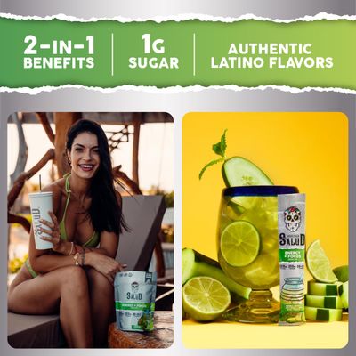 Salud 2-in-1 Energy Drink Powder Focus, Cucumber Lime, Organic Caffeine, B6 B12, Theanine, Clean Energy Drink Packets, Agua Fresca Mix, Non-GMO, Gluten Free, Vegan, 1g of Sugar, (15 Servings)