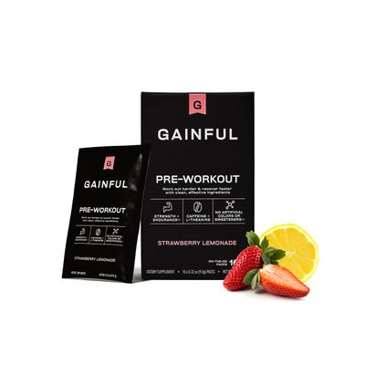 Gainful Pre Workout Powder with Natural Caffeine L Theanine for Energy Focus, L Citrulline Beta Alanine for Endurance, BCAA&#39;s for Muscle Recovery, Vegan, Strawberry Lemonade, 10 Ct