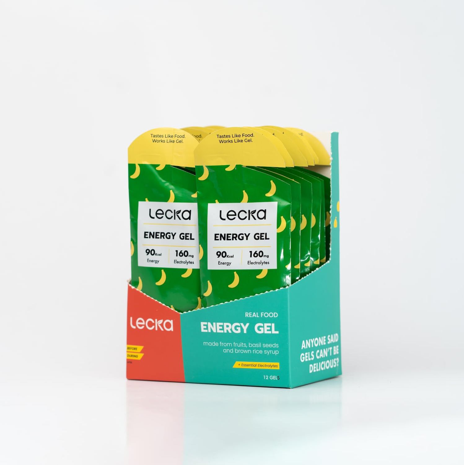 Lecka Energy Gel, Banana, 12 Gels for Endurance Exercise, Made with Real Fruits and Basil Seeds, Provides Natural Energy and Electrolytes