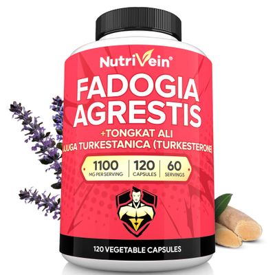 Nutrivein Premium Fadogia Agrestis and Tongkat Ali Supplement with Turkesterone - 1100 mg - 60 Capsules - Synergistic Blend for Performance, Strength, Recovery