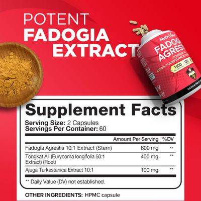Nutrivein Premium Fadogia Agrestis and Tongkat Ali Supplement with Turkesterone - 1100 mg - 60 Capsules - Synergistic Blend for Performance, Strength, Recovery
