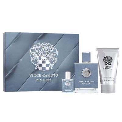Vince Camuto Riviera 3 PC Men&#39;s Gift Set, Notes of Italian Lemon, Lavender Oil, and Patchouli, Christmas Gift for Him, Eau de Toilette 3.4 Fl Oz Travel Size 0.5 Fl Oz 5 Fl Oz Hair Body Wash
