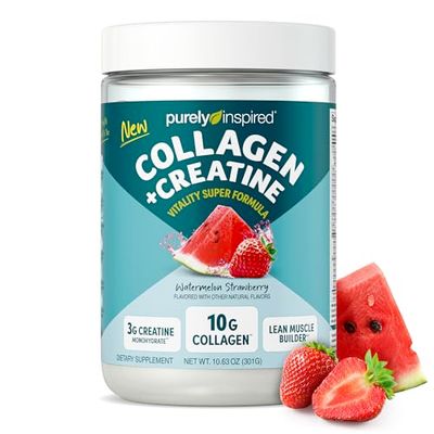 Purely Inspired Collagen and Creatine Powder, Watermelon Strawberry - 10g Collagen 3g Creatine Builds Lean Muscle - Flavored Drink Mix with Key Electrolytes - Gluten-Free Zero Sugar