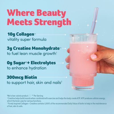 Purely Inspired Collagen and Creatine Powder, Watermelon Strawberry - 10g Collagen 3g Creatine Builds Lean Muscle - Flavored Drink Mix with Key Electrolytes - Gluten-Free Zero Sugar