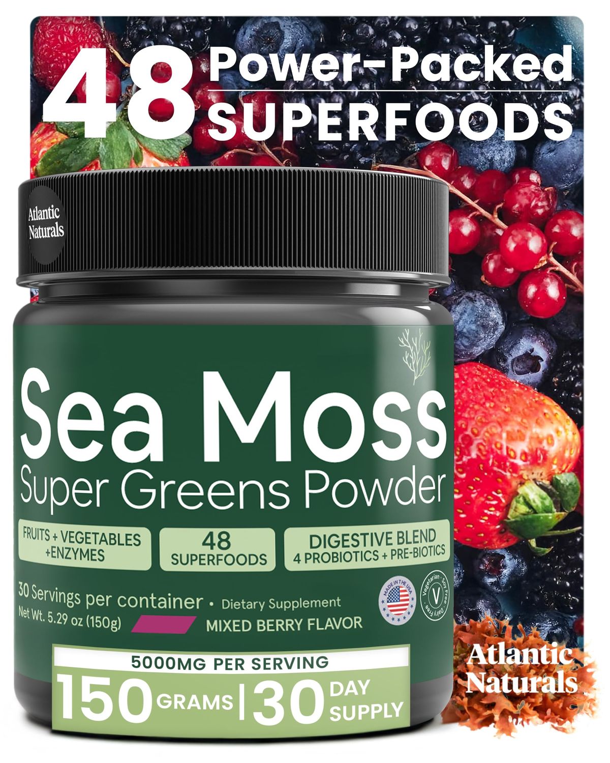Atlantic Naturals Organic Sea Moss Super Greens Powder - Greens Superfood with 12 Vegetables, 15 Fruits, Probiotics, 16 Herbs Spices - Digestive Health, Energy, Skin Immunity - Mixed Berry Flavor