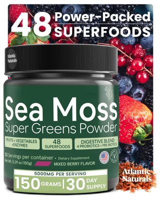 Atlantic Naturals Organic Sea Moss Super Greens Powder - Greens Superfood with 12 Vegetables, 15 Fruits, Probiotics, 16 Herbs Spices - Digestive Health, Energy, Skin Immunity - Mixed Berry Flavor