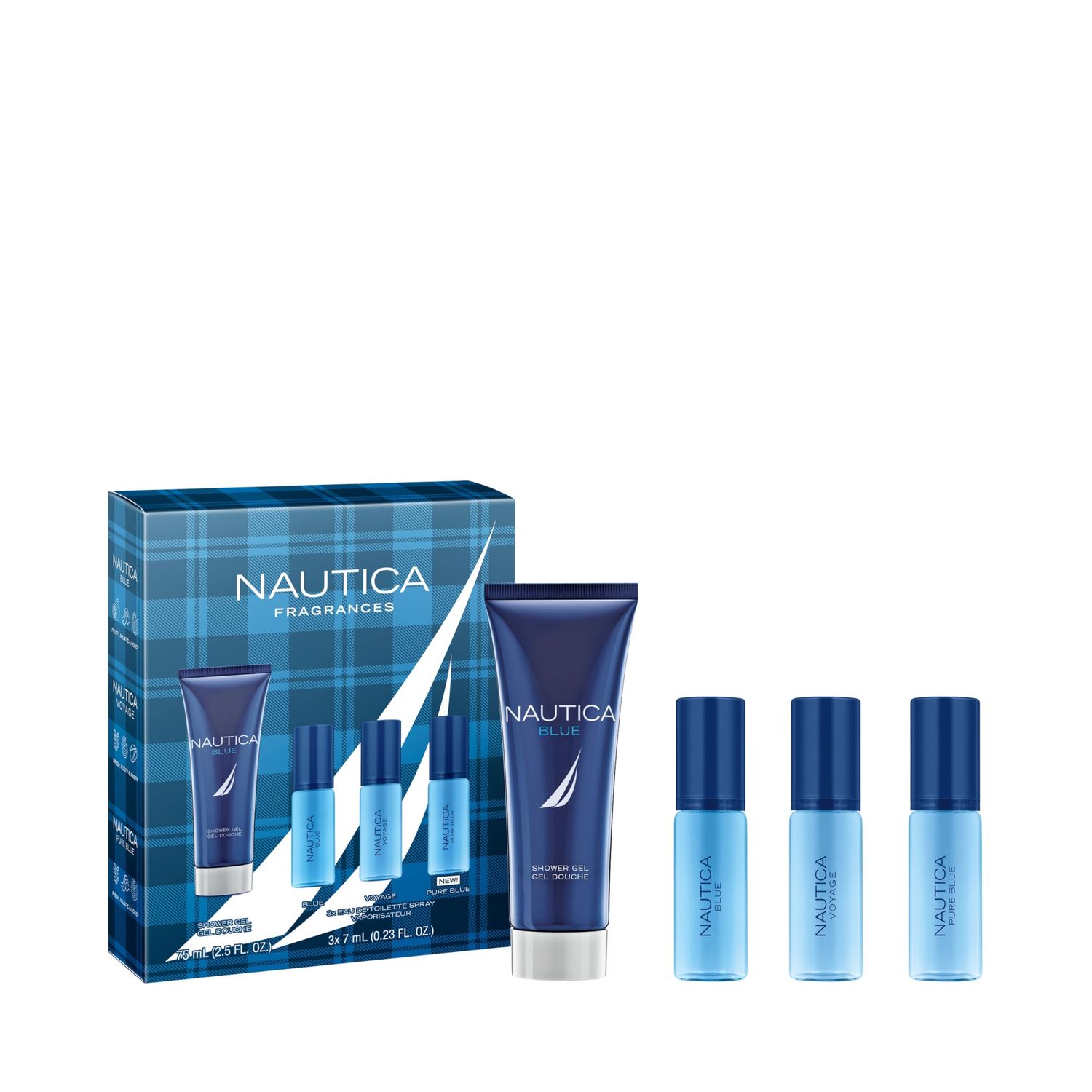Nautica Blue, Voyage, and Pure Blue 4 Piece Gift Set, Notes of Basil, Jasmine, and Cedarwood, Men&#39;s Fragrance, Long Lasting, Everyday Fragrance