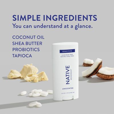 Native Sensitive Deodorant Contains Naturally Derived Ingredients, 72 Hour Odor Control Deodorant for Women Men, Aluminum Free with Baking Soda, Coconut Oil and Shea Butter, Unscented