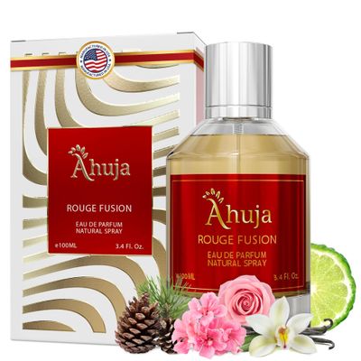 AHUJA Rouge Fusion Unisex Eau De Parfum 3.4 fl oz - Long Lasting Luxury Fragrance, Vanilla Perfume WBold Citrus Scents Allure Of Roses, Geraniums, Pine-Best Alternative for Baccarat Rouge 540