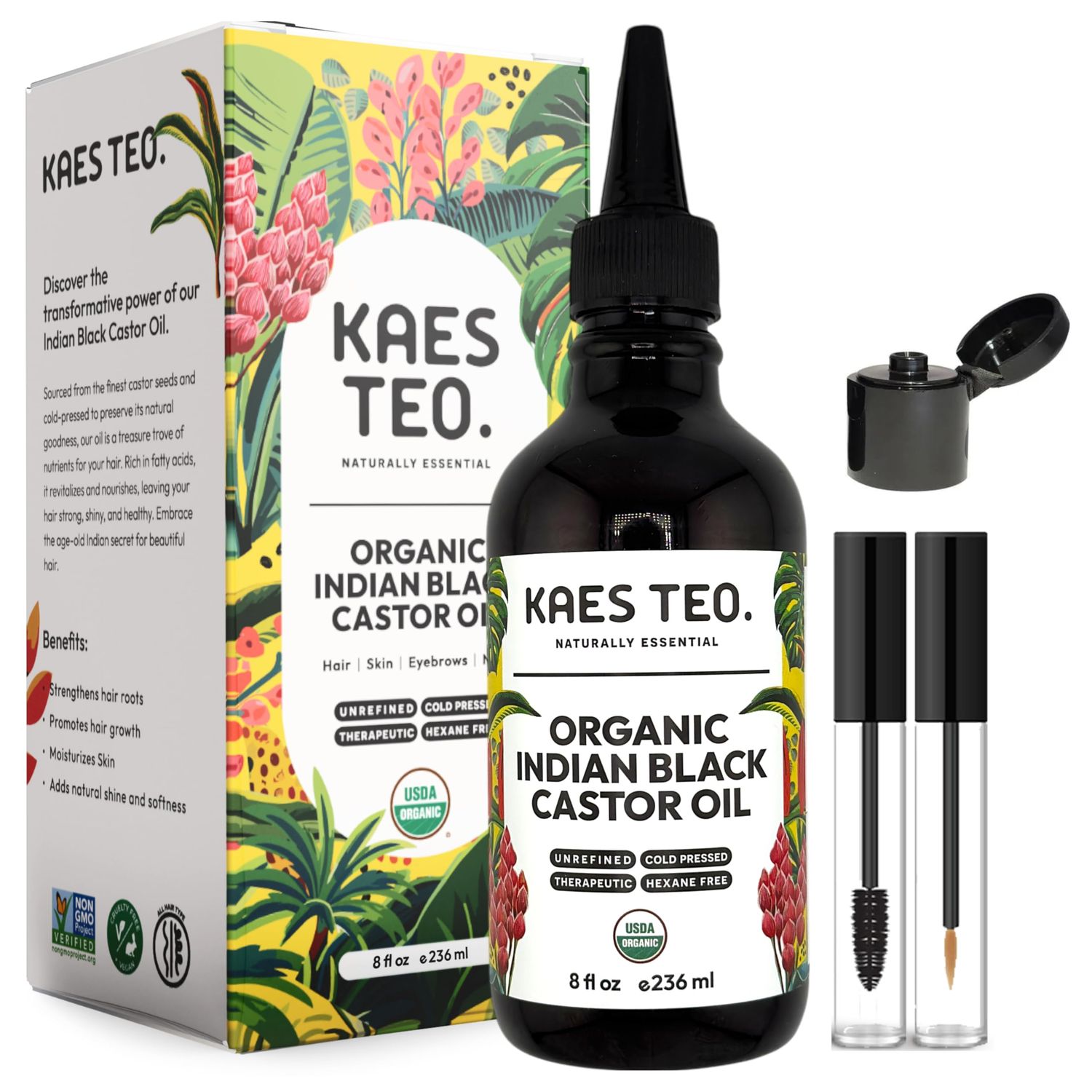 Kaes Teo Organic Black Castor Oil for Hair Growth - Not Jamaican Black Castor Oil, Moisturizes Skin, Nail, Scalp, Thicker Eyebrows, Lashes 100 Pure Cold Pressed Hexane Free - Premium Kit, 8 fl oz