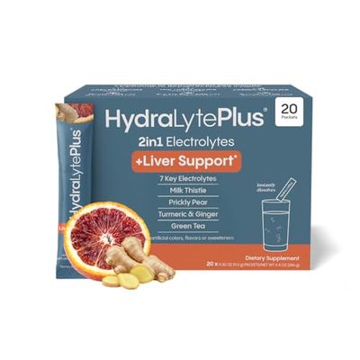 Hydralyte Liver Support Electrolyte Mix with Milk Thistle, Turmeric, Ginger, Prickly Pear, Green Tea Extract Formulated for Rapid Rehydration (Blood Orange Ginger, 20 Packets)