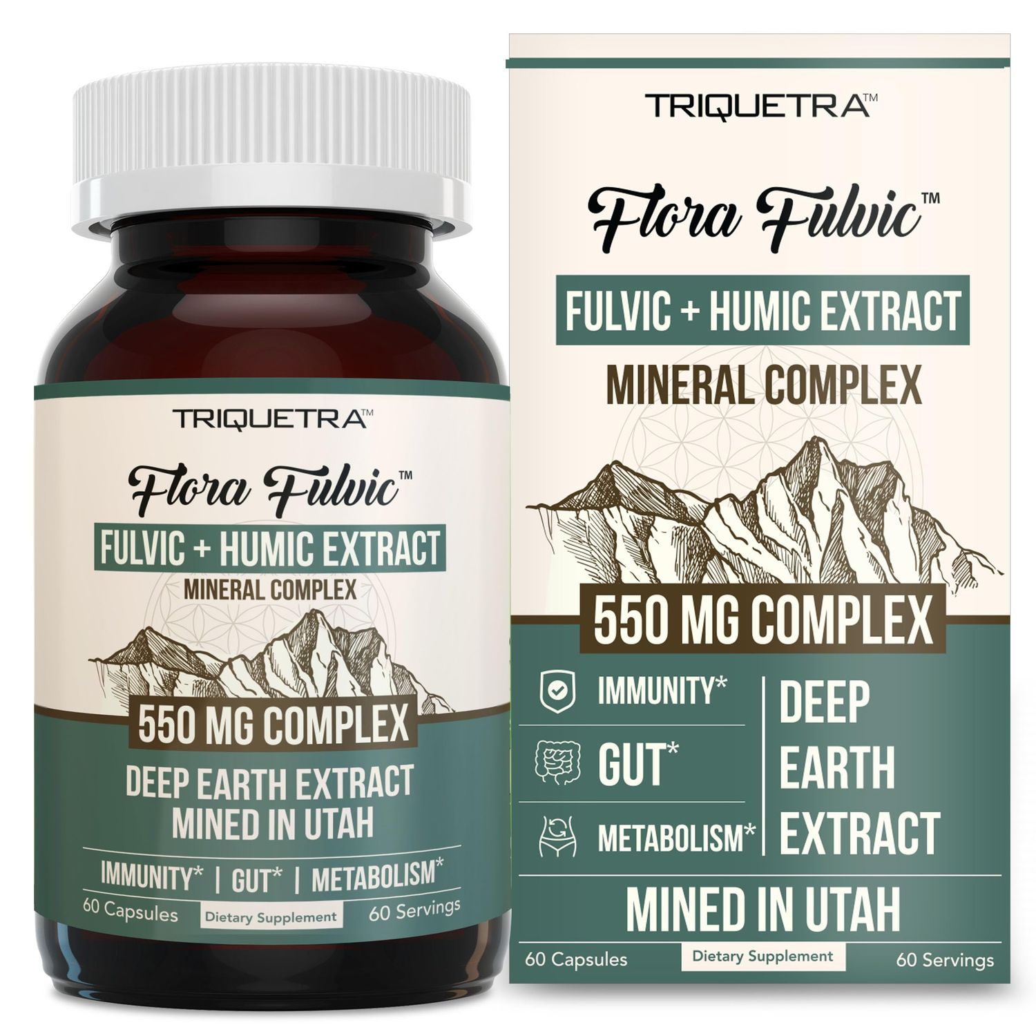 Flora Fulvic Fulvic Acid Humic Acid Complex - 550 mg Mined in Utah, Prehistoric Deep Earth Extract Immunity, Gut, Digestion - Natural Trace Mineral Complex, Fulvic Acid Supplement - 60 Capsules