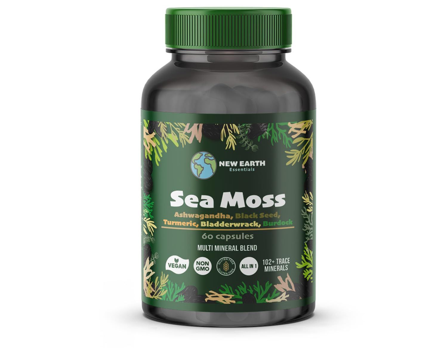 Sea Moss with Black Seed, Ashwagandha, Turmeric, Bladderwrack, Burdock Root, Manuka Honey, Vitamin C D3, Apple Cider Vinegar, Dandelion Root, Yellow Dock Root, Elderberry Fruit, Chlorophyll