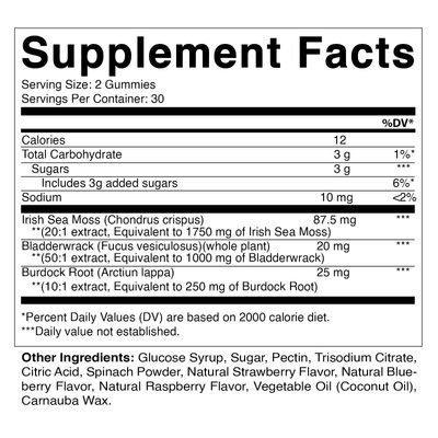 Vitamatic Irish Sea Moss Gummies- 3000mg Equivalent Per Serving (from Extract 132.5 mg)- 60 Ct - Made with Bladderwrack Burdock Root - Seamoss Supplement for Thyroid, Energy, Immune Support
