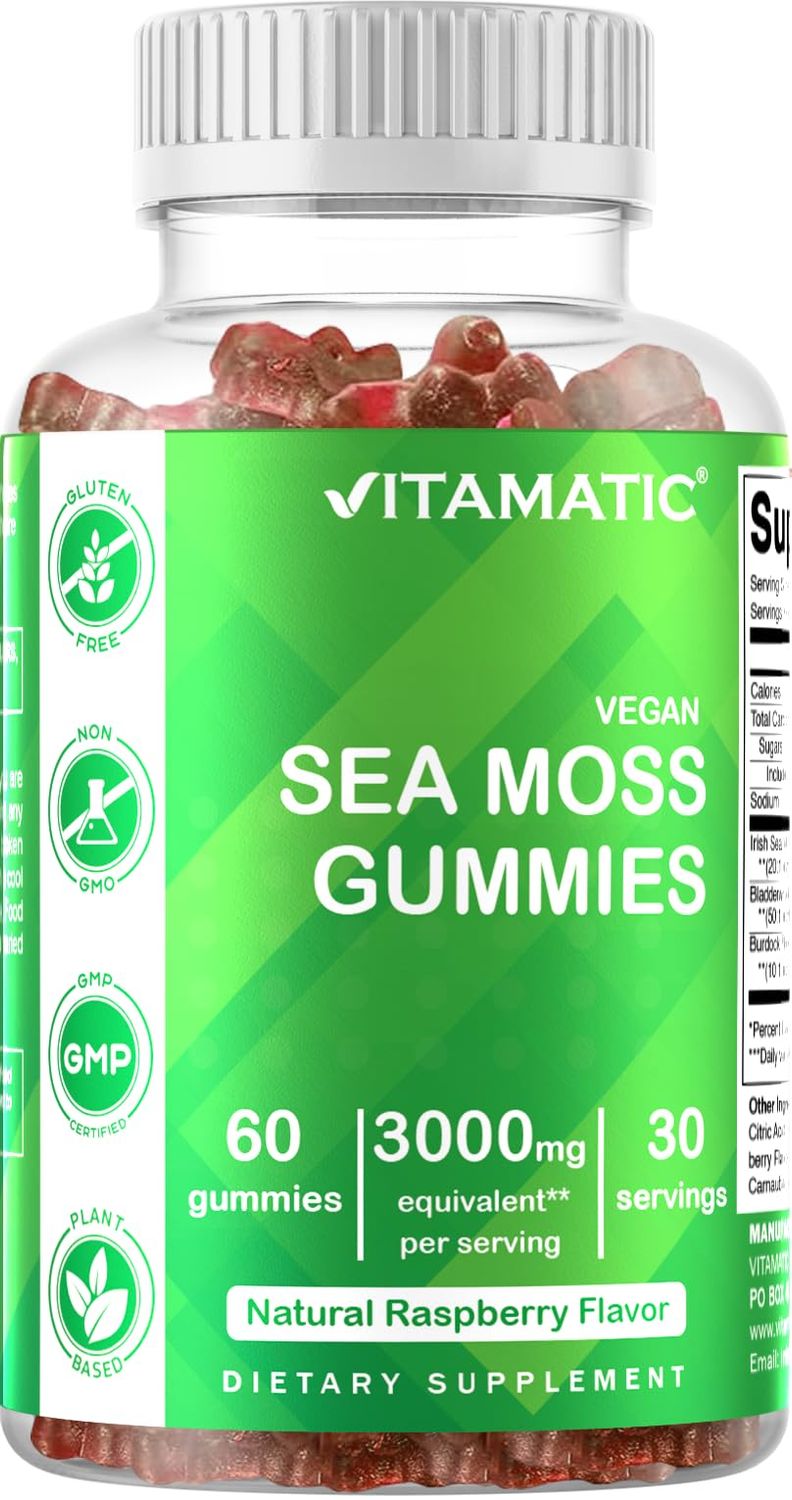 Vitamatic Irish Sea Moss Gummies- 3000mg Equivalent Per Serving (from Extract 132.5 mg)- 60 Ct - Made with Bladderwrack Burdock Root - Seamoss Supplement for Thyroid, Energy, Immune Support