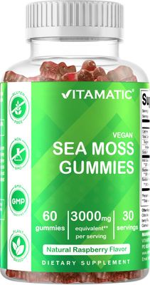 Vitamatic Irish Sea Moss Gummies- 3000mg Equivalent Per Serving (from Extract 132.5 mg)- 60 Ct - Made with Bladderwrack Burdock Root - Seamoss Supplement for Thyroid, Energy, Immune Support