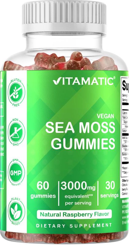 Vitamatic Irish Sea Moss Gummies- 3000mg Equivalent Per Serving (from Extract 132.5 mg)- 60 Ct - Made with Bladderwrack Burdock Root - Seamoss Supplement for Thyroid, Energy, Immune Support