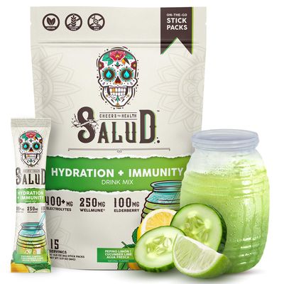 Salud 2-in-1 Hydration Packets Immunity Electrolytes Powder, Cucumber Lime - Agua Fresca Drink Mix, Elderberry, Dairy Soy Free, Non-GMO, Gluten Free, Vegan, Low Calorie, 1g Sugar (15 Servings)