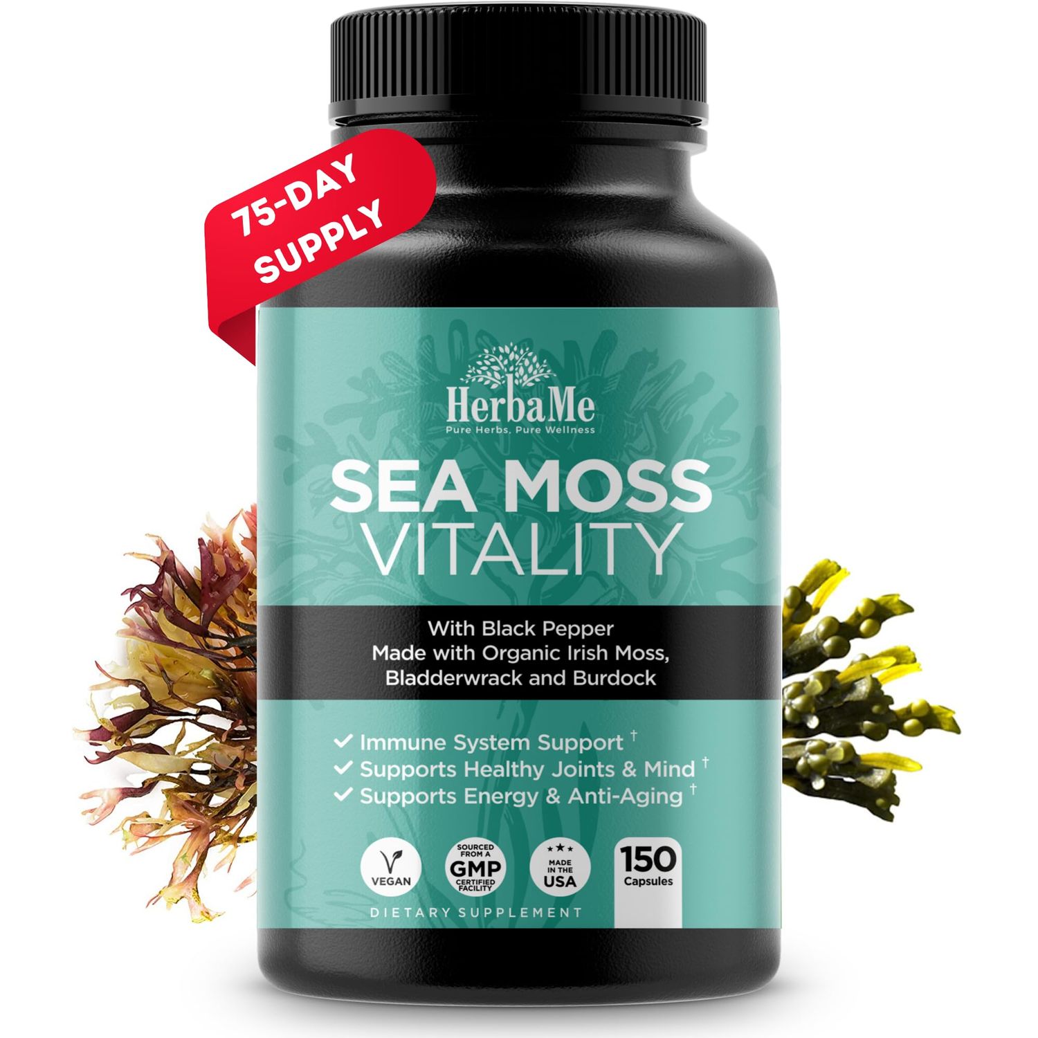HerbaMe Organic Irish Sea Moss with Bladderwrack, Burdock Root Black Pepper Extract, 150 Capsules, Thyroid Support, Natural Iodine Source, Promotes Immune System, Cell Food, Alkaline Supplement