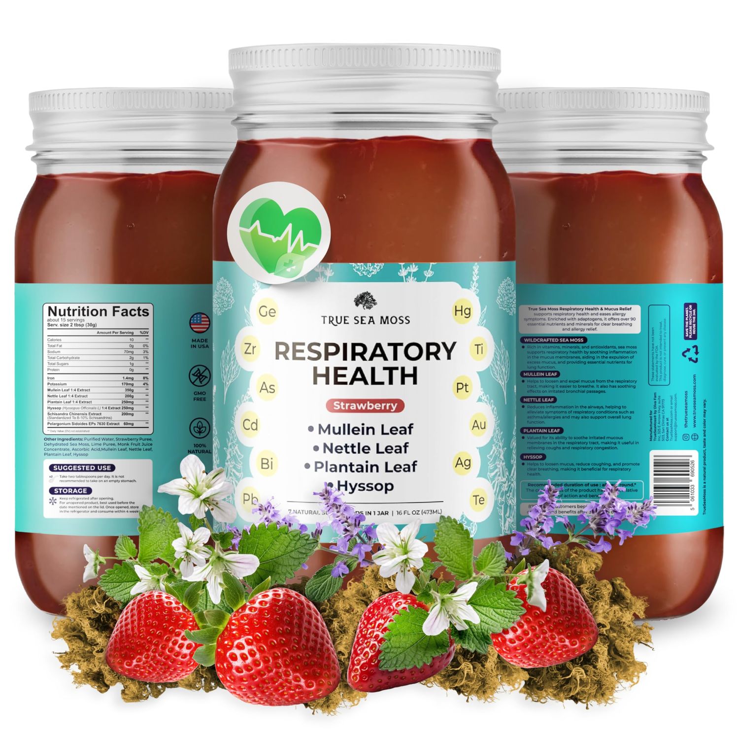 TrueSeaMoss Pro-Line Gel - Respiratory Health - 5 Flavors - Fruit Gel with Premium Sea Moss Potassium - Vegan-Friendly - Vitamin Mineral Rich Supplement - Made in USA (Strawberry, Pack of 1)