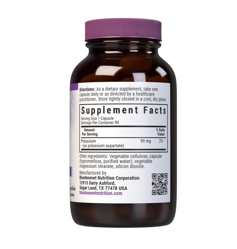 Bluebonnet Potassium Supplement Aspartate 99mg Essential Mineral Supplements for Electrolyte Balance - Non-GMO, Vegan, Kosher Certified, Gluten-Free, Soy-Free, Dairy-Free - 90 Veggie Capsules