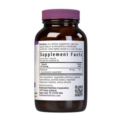 Bluebonnet Potassium Supplement Aspartate 99mg Essential Mineral Supplements for Electrolyte Balance - Non-GMO, Vegan, Kosher Certified, Gluten-Free, Soy-Free, Dairy-Free - 90 Veggie Capsules