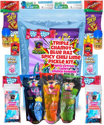 Chamoy Cotton Candy Pickle Kit x3 Pickles (21 Pcs) Chamoy, Blue Raspberry Pickle Extra Hot Chili Lime Pickle, Takis, Fruit By The Foot, Fruit Roll-Ups, Lucas Salsagheti. Tiktok Trend by Food Crush