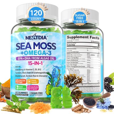 Sea Moss Gummies Omega-3 for Adult with Ashwagandha, Turmeric, Elderberry, Vitamins D3, B12, Burdock Root Bladderwrack, Vegan Irish Sea Moss for Immunty, Brain, Energy Boost, Skin Health, 120Cts