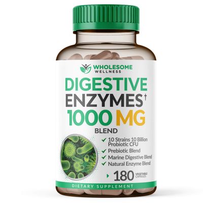 Wholesome Wellness Digestive Enzymes 1000MG Plus Prebiotics Probiotics Supplement, 180 Capsules, Organic Plant-Based Vegan Formula for Digestion Lactose with Amylase Bromelain,3-6 Months Supply