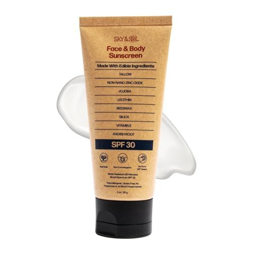 Sky and Sol Natural Mineral Sunscreen SPF 30 3 oz Natural Tallow Zinc Oxide, Reef Safe, Water Resistant, Fragrance-Free, Non-Greasy Formula for Face and Body