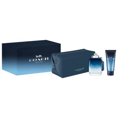 Coach Blue Eau de Toilette 3 Piece Set - 3.3 fl. oz. Spray, 3.3 fl. oz. Shower Gel, Pouch - Long Lasting Fragrance with notes of Lime Oil, Black Pepper Amber - Fougere Aquatic