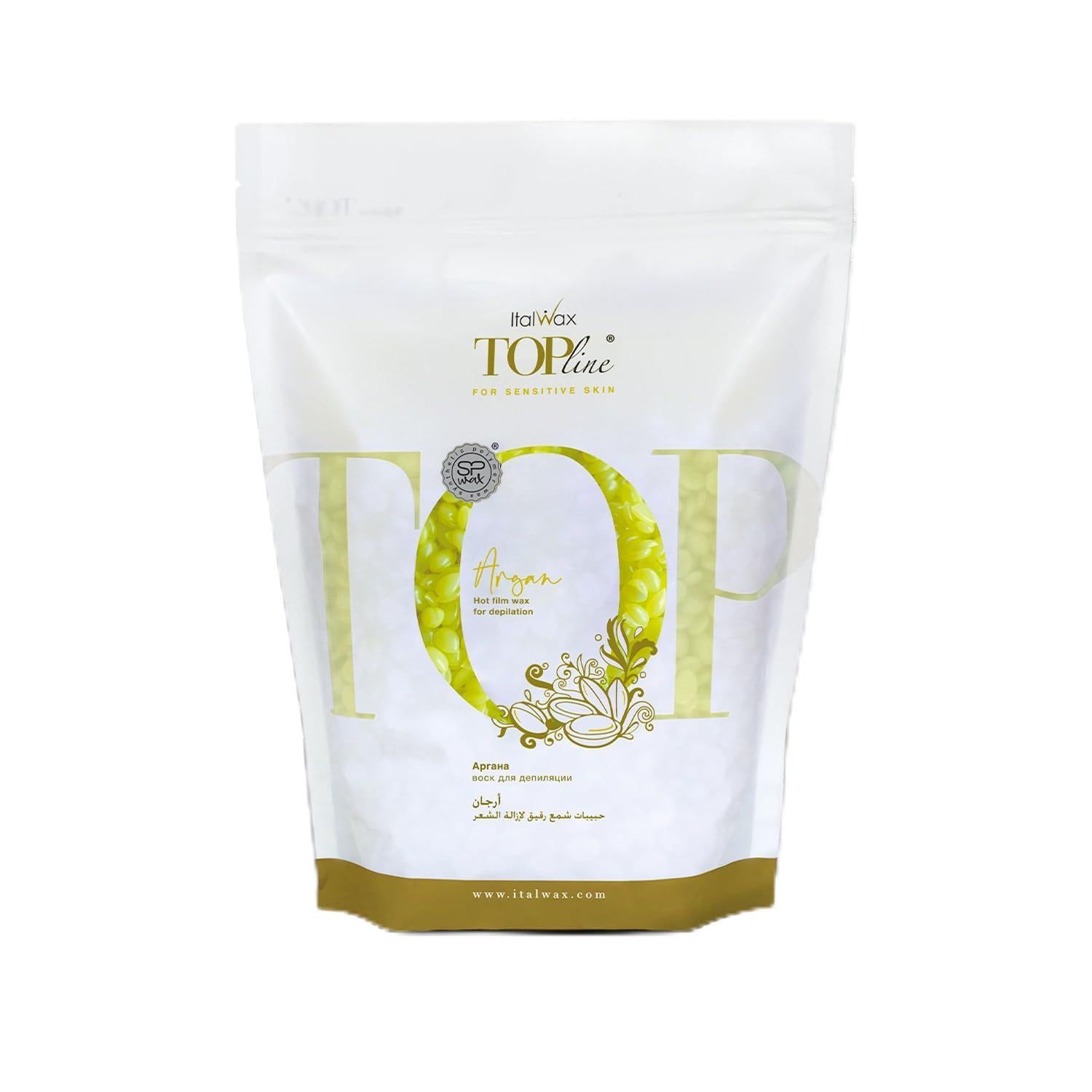Italwax Top Line Argan - 750g 1.65lb - Hard wax beads for hair removal - Argan oil fragrance - Synthetic formulation ideal for sensitive skins - Recommended for Bikini Area and Armpits