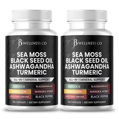 Sea Moss Black Seed Oil Ashwagandha Turmeric Bladderwrack Burdock - with Manuka, Honey Dandelion, ACV Black Pepper Gluten Free- 120 Count